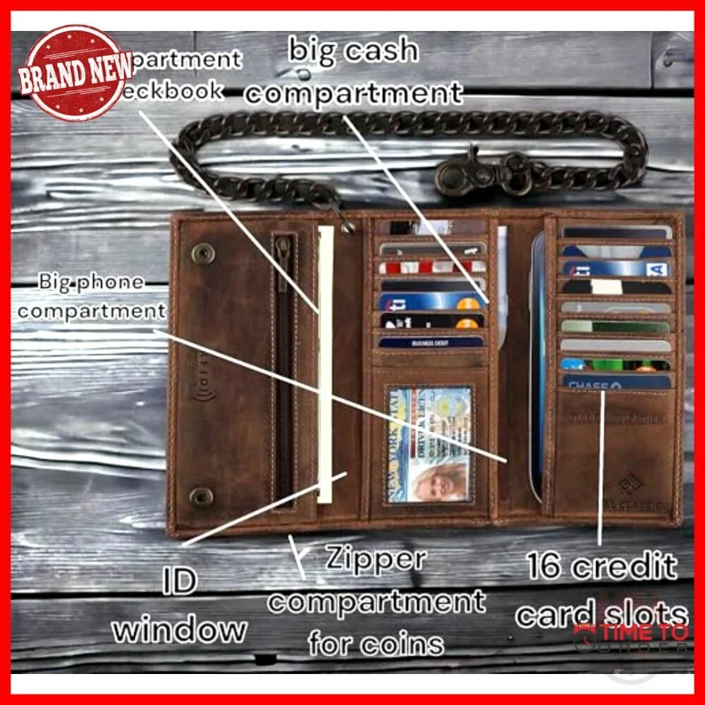 RFID Blocking Leather Wallet with Stainless Steel Chain for Men